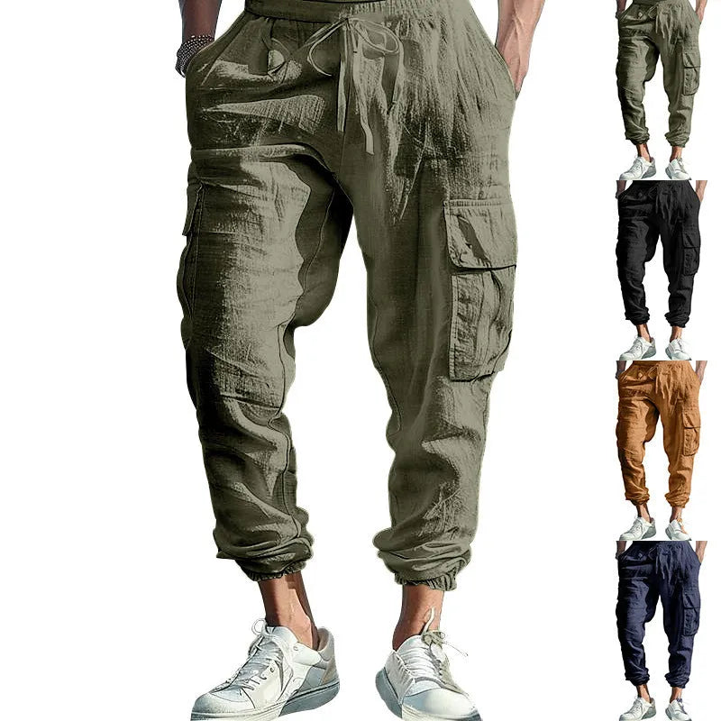 Man wearing khaki linen casual trousers with ankle-tied cuffs and multiple pockets.