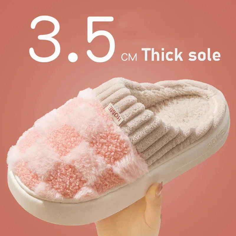 Women's plaid pattern plush indoor slippers with coral velvet upper and anti-slip sole in coffee colour.