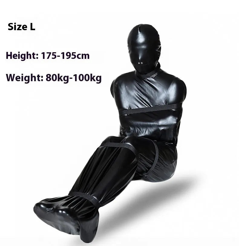 Black patent leather bondage set with harness and six ratchet tie-down straps