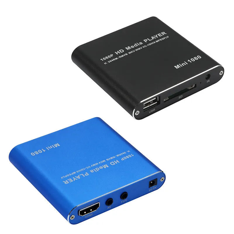 Compact black 1080p Full HD media player with HDMI port and remote control