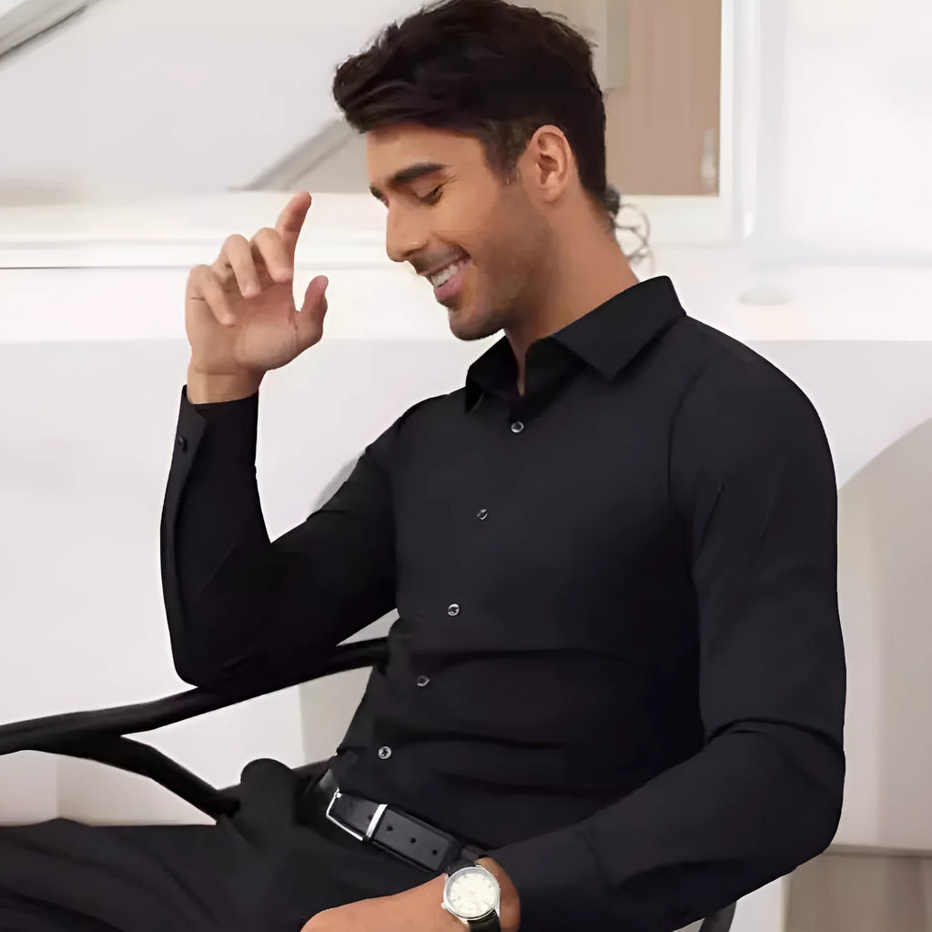 Men's long sleeve cardigan shirt in solid colour with polyester four-way stretch fabric, full elastic force construction
