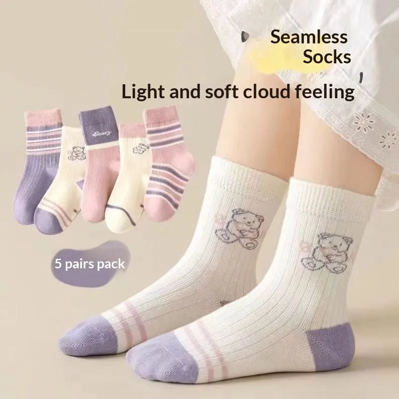 Children's cotton mid-calf socks 5-pair pack, lace detail, with Baby Bear design for girls ages 1-12