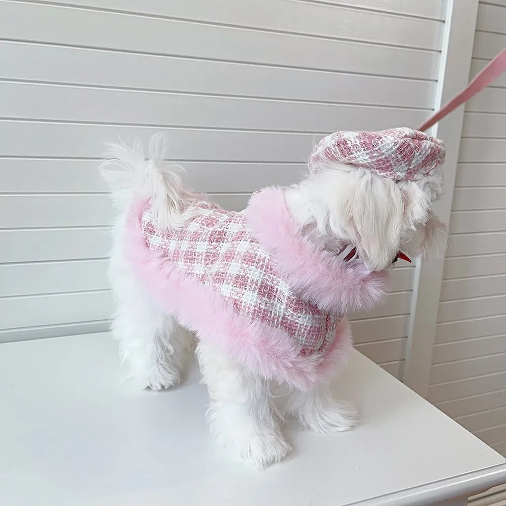 Pink cat costume with beret and cloak including hand-held control rope for pet dress-up