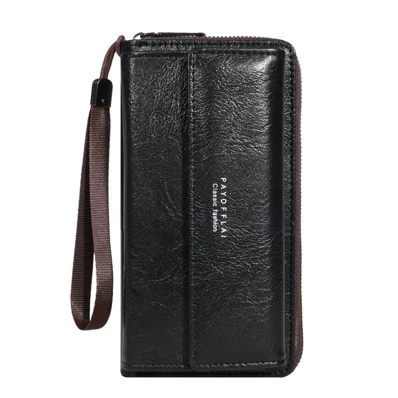 Men's black PU leather bi-fold wallet open to show multiple card slots, alongside brown and coffee colour variants.