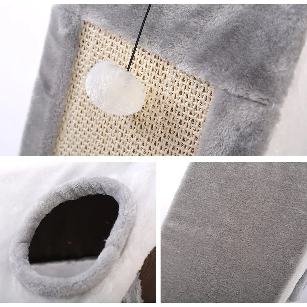 Grey-white triangle cat claw sisal toy with geometric platform design and plate fur material