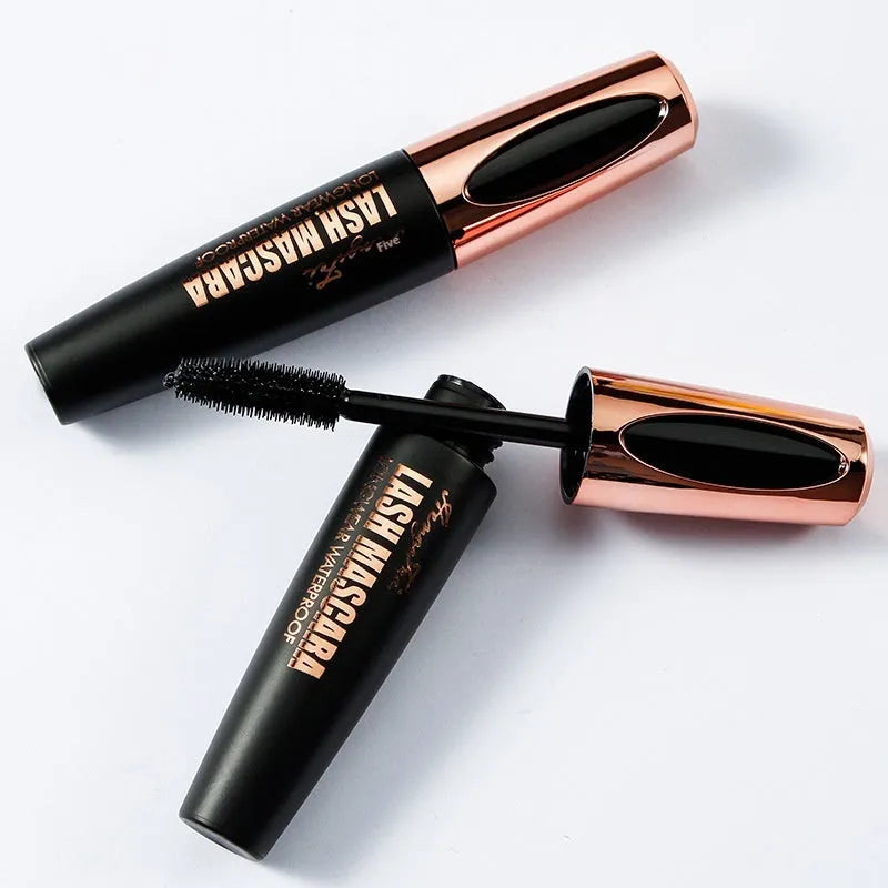 Black waterproof and sweat-proof mascara for thick, curled lashes, shown with OPP bag or colour box packaging.