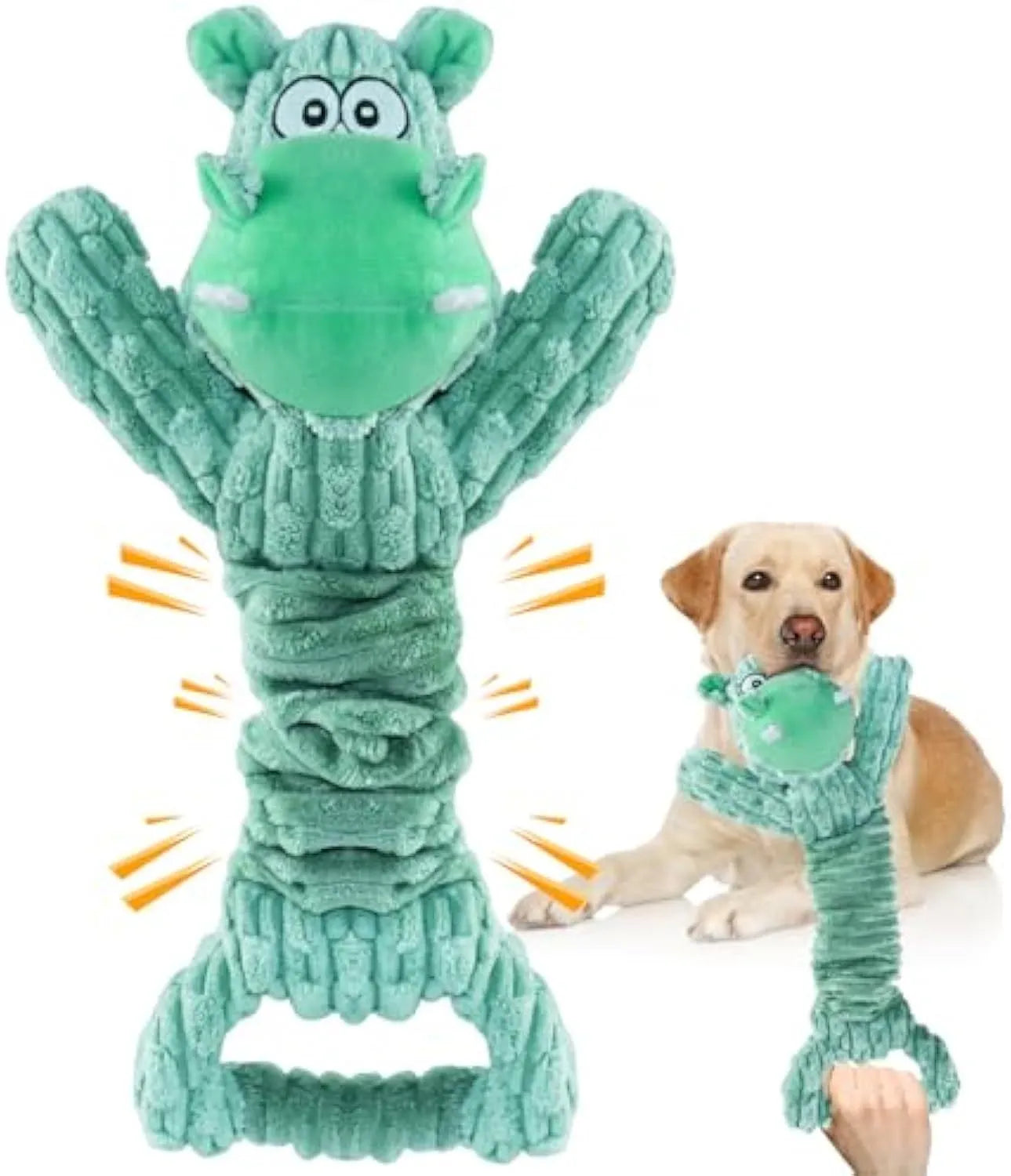 Large plush dog toy with handle, showing Hippo or Monkey design, for squeaky and crinkle interactive play