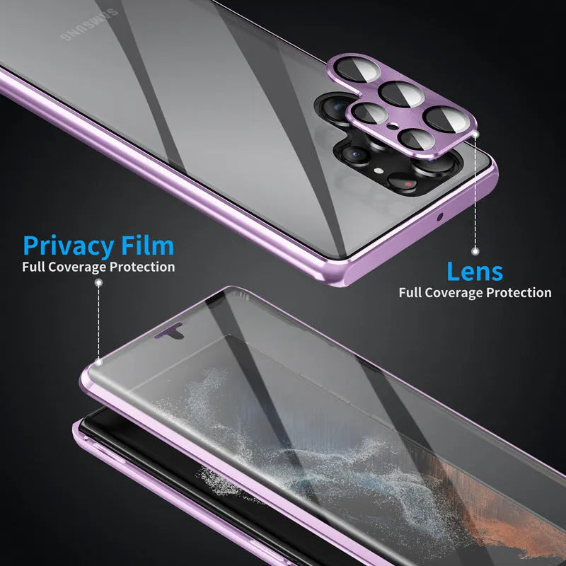 Metallic magnetic mirror phone case for Samsung S24 Ultra in various colours showing privacy screen.