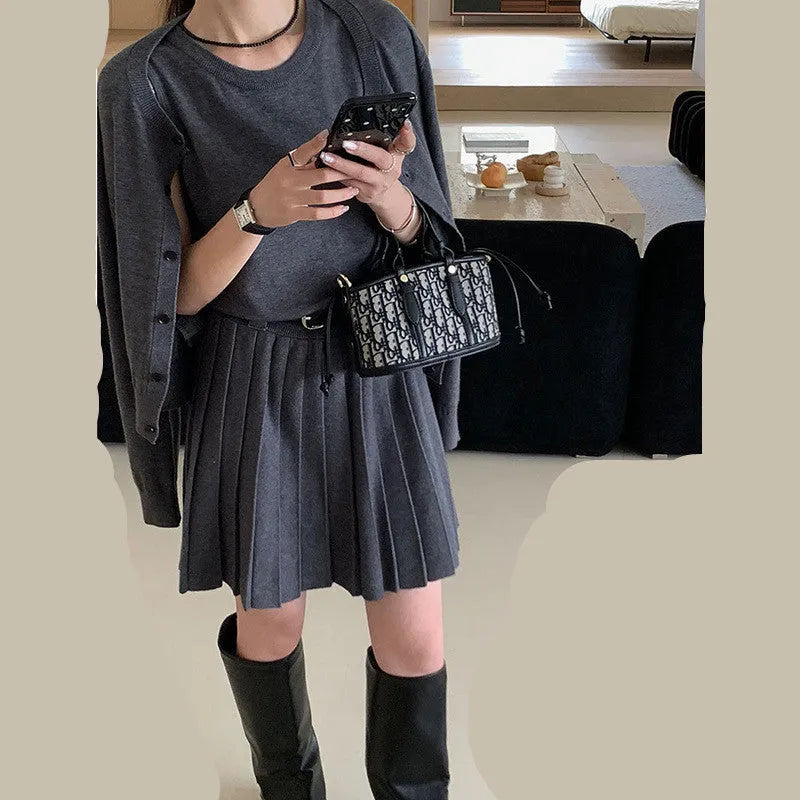 Women's grey art retro knitted two-piece set featuring vest skirt with belt and long-sleeved cardigan