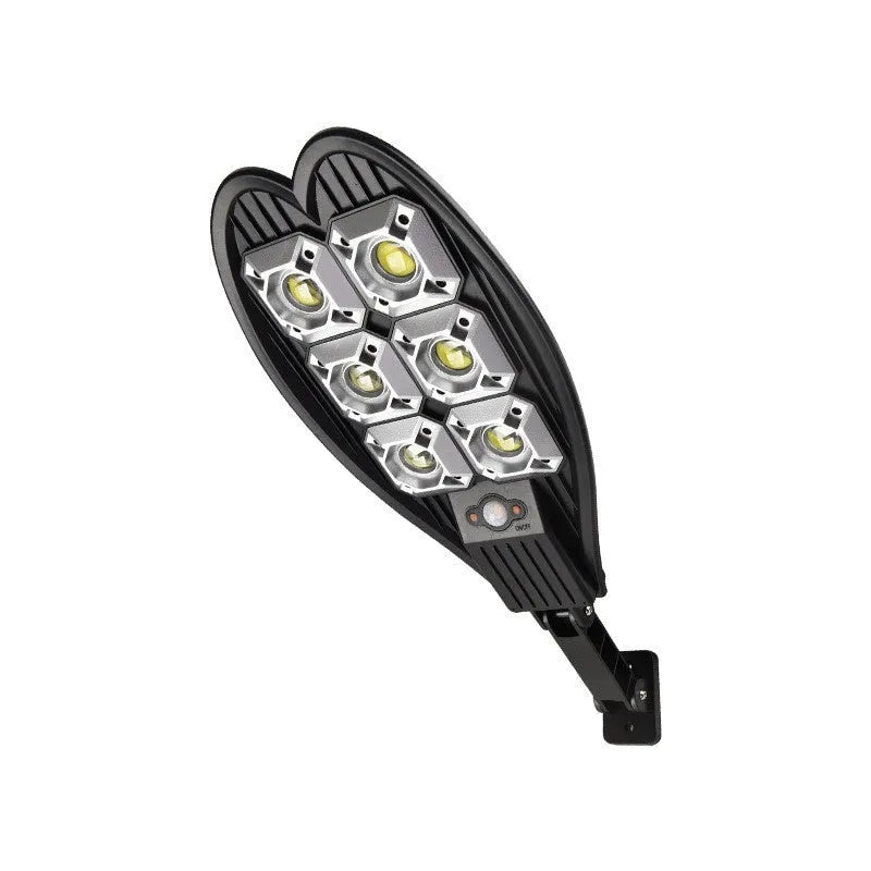 6-eye sword design outdoor solar garden lamp with remote control on a garden path.