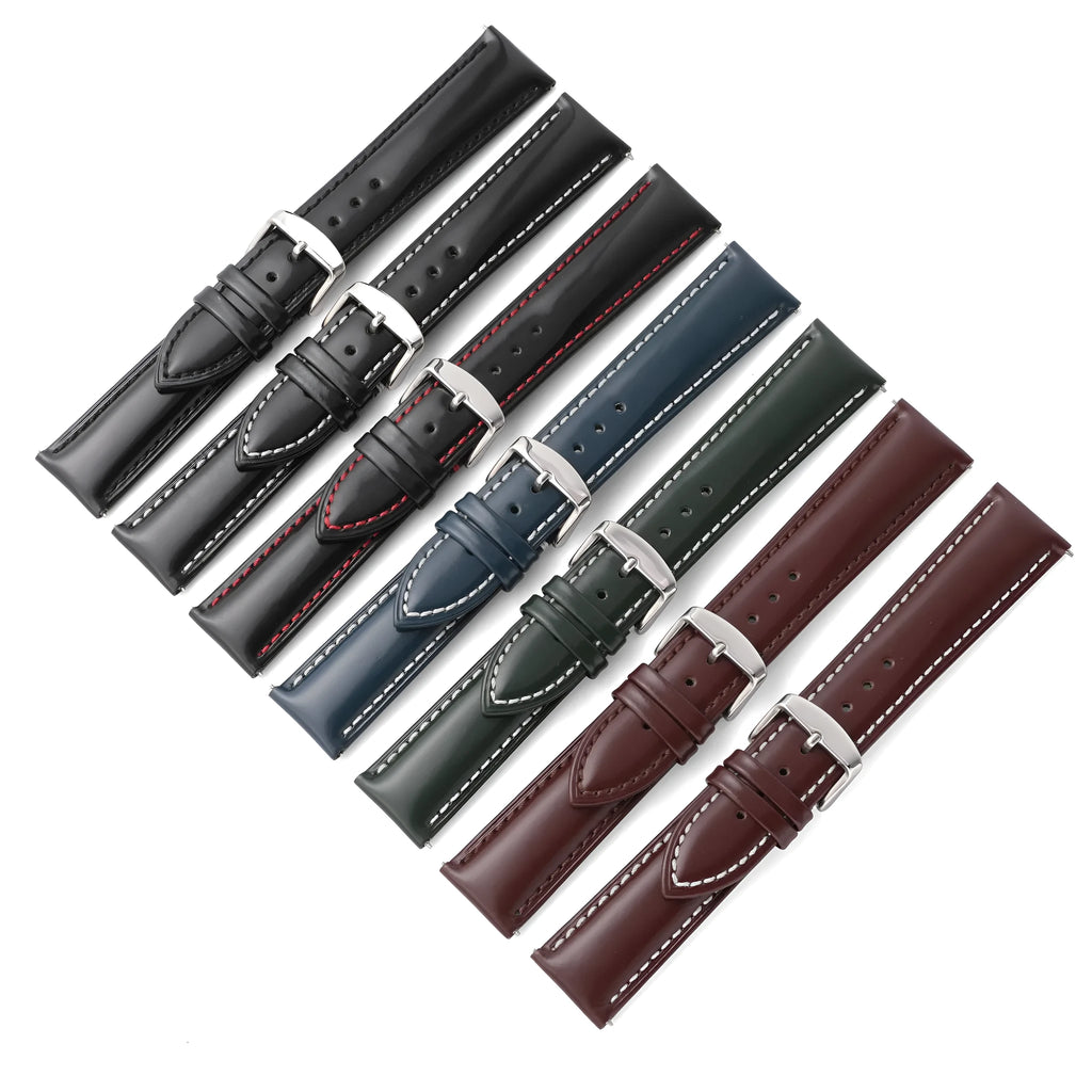 Quick release watch strap in bright cowhide leather showing colour options and width measurements