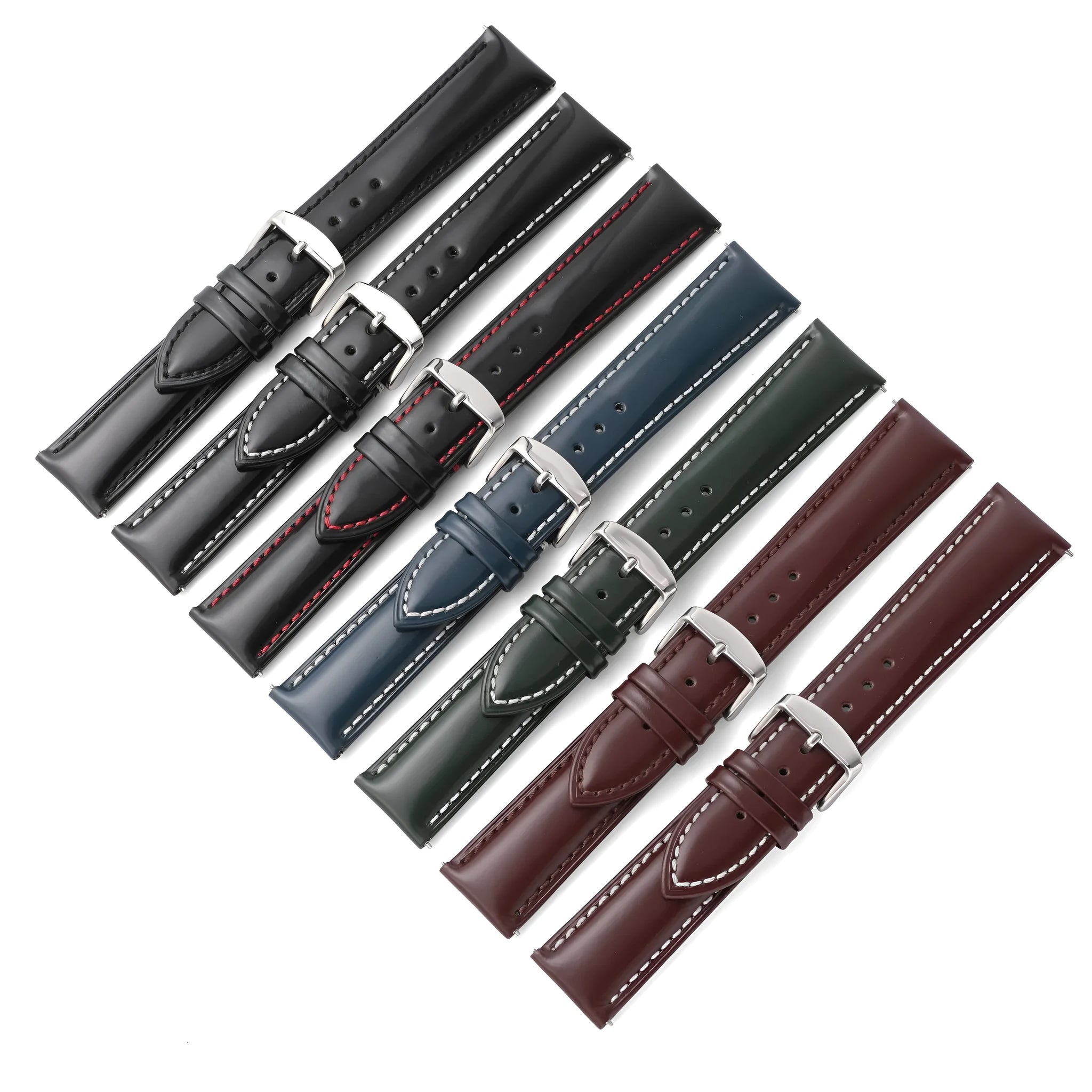 Quick release watch strap in bright cowhide leather showing colour options and width measurements