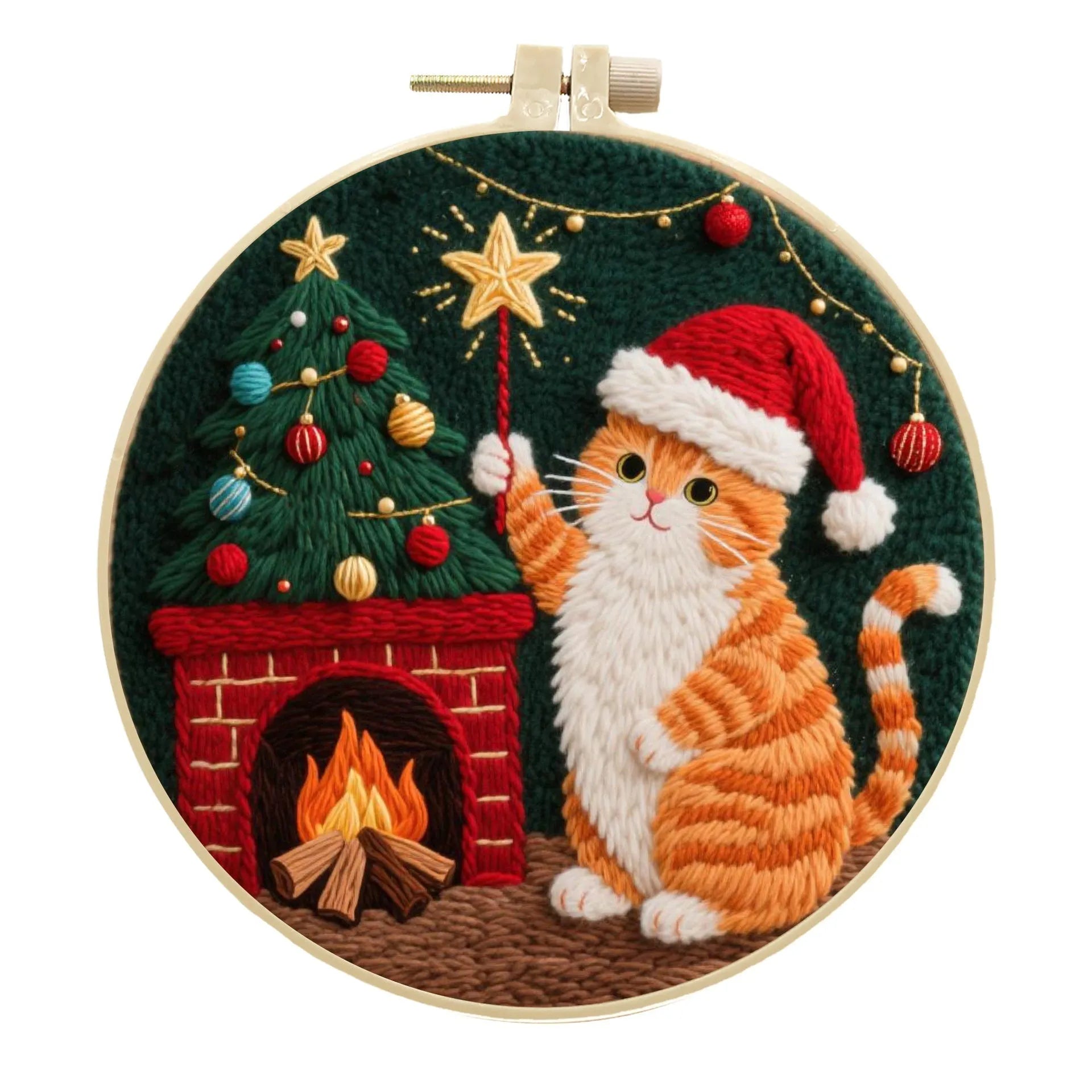 Cat embroidery DIY material package with autumn fruit designs on cotton linen fabric and 20cm bamboo frame