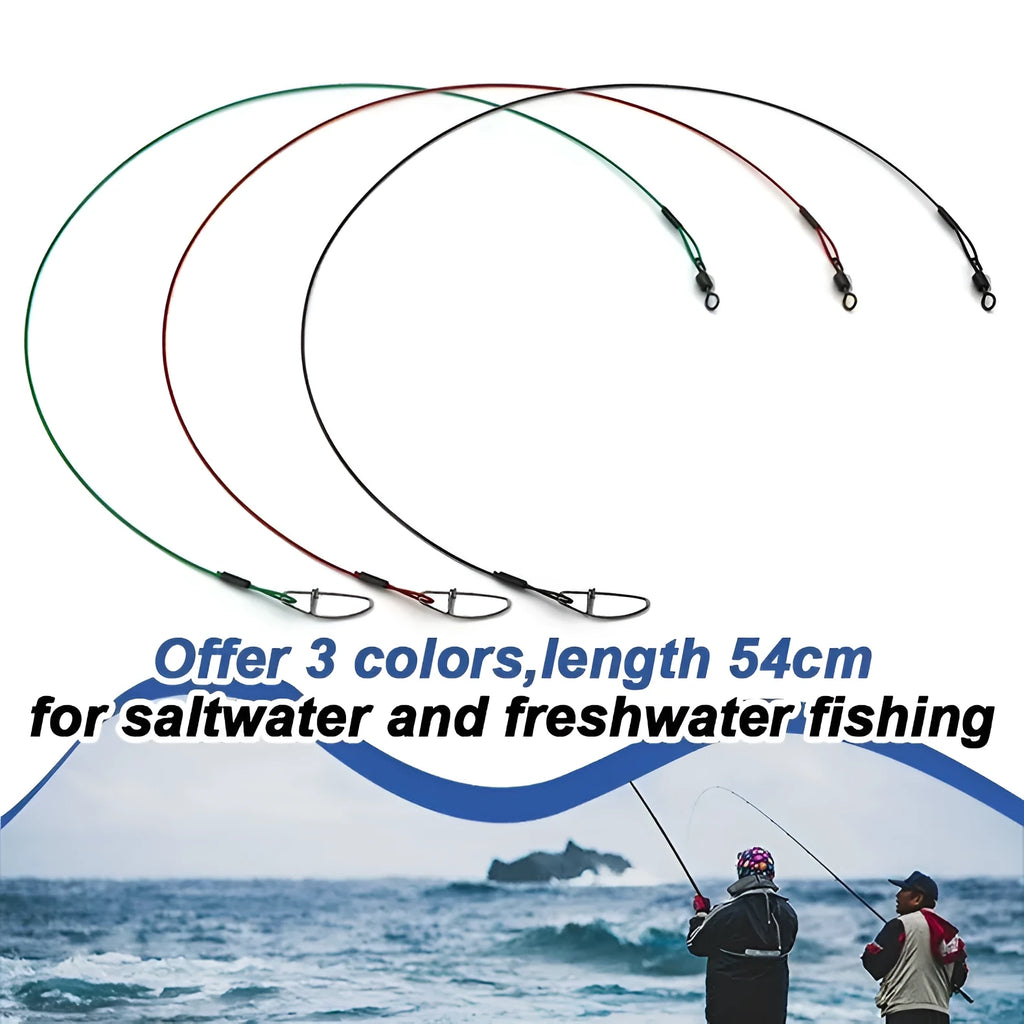 54cm steel wire fishing leaders with double buckle pins in green, black and red colours