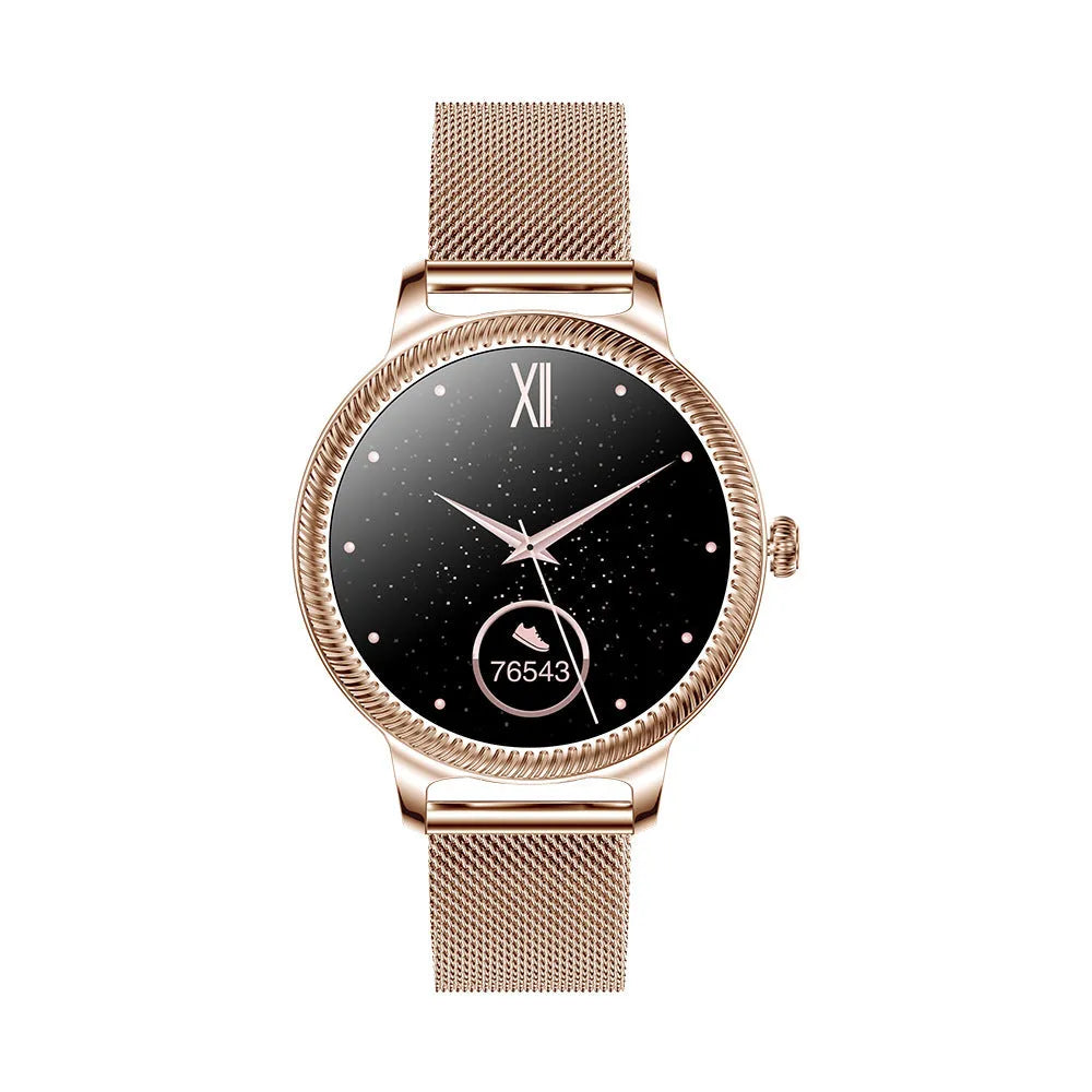 AK38 ladies smart watch with stainless steel wristband on wrist showing 1.09-inch screen