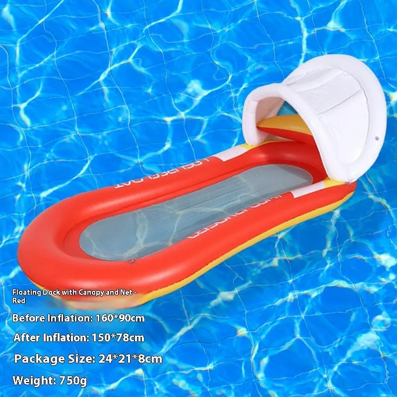 PVC inflatable floating row pool lounger in a mesh deck chair design with bright gradient colour wave.