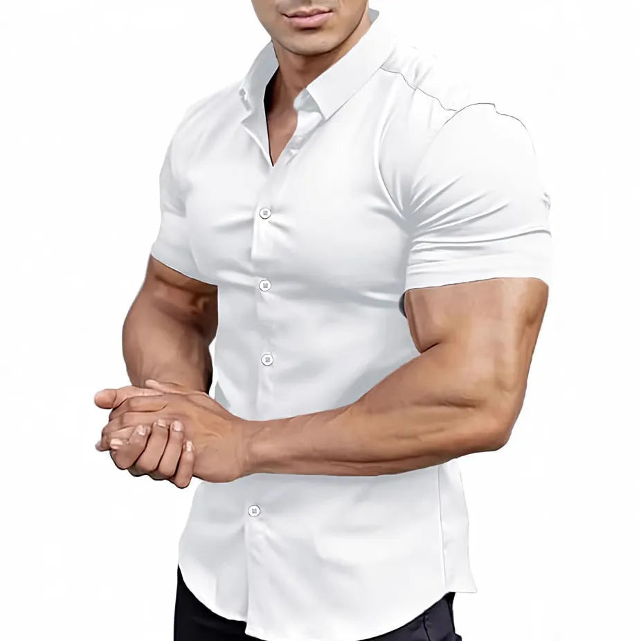 Men's short sleeve printed casual shirt with collar in cardigan style showing colour options