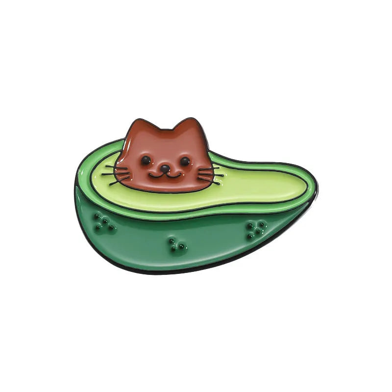 Colourful cartoon fruit design zinc alloy brooch pin on a fabric background.