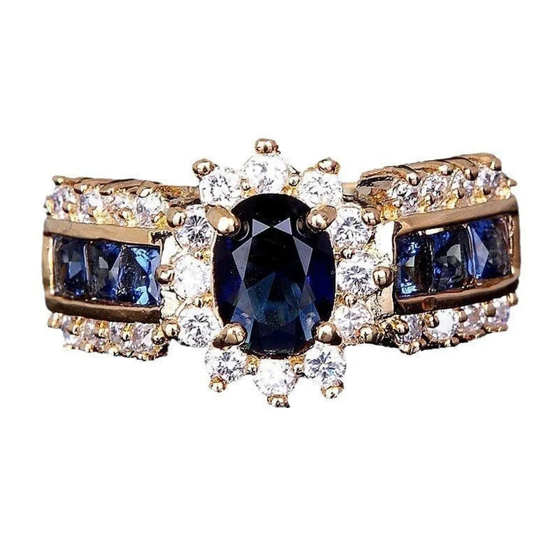 Personalised unisex zinc alloy ring with diamond and zircon accents in sunflower blue, square blue, or square purple designs.
