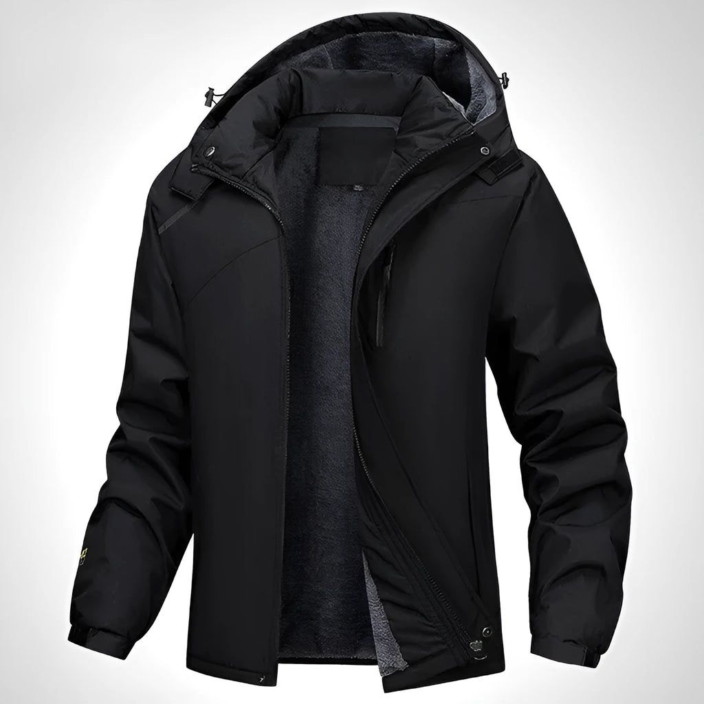 Plus size waterproof hooded coat for men in polyester, showing loose fit and hood design