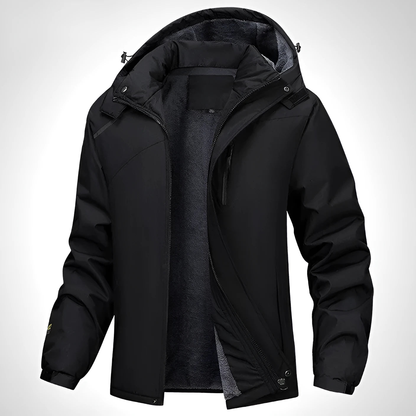 Plus size waterproof hooded coat for men in polyester, showing loose fit and hood design