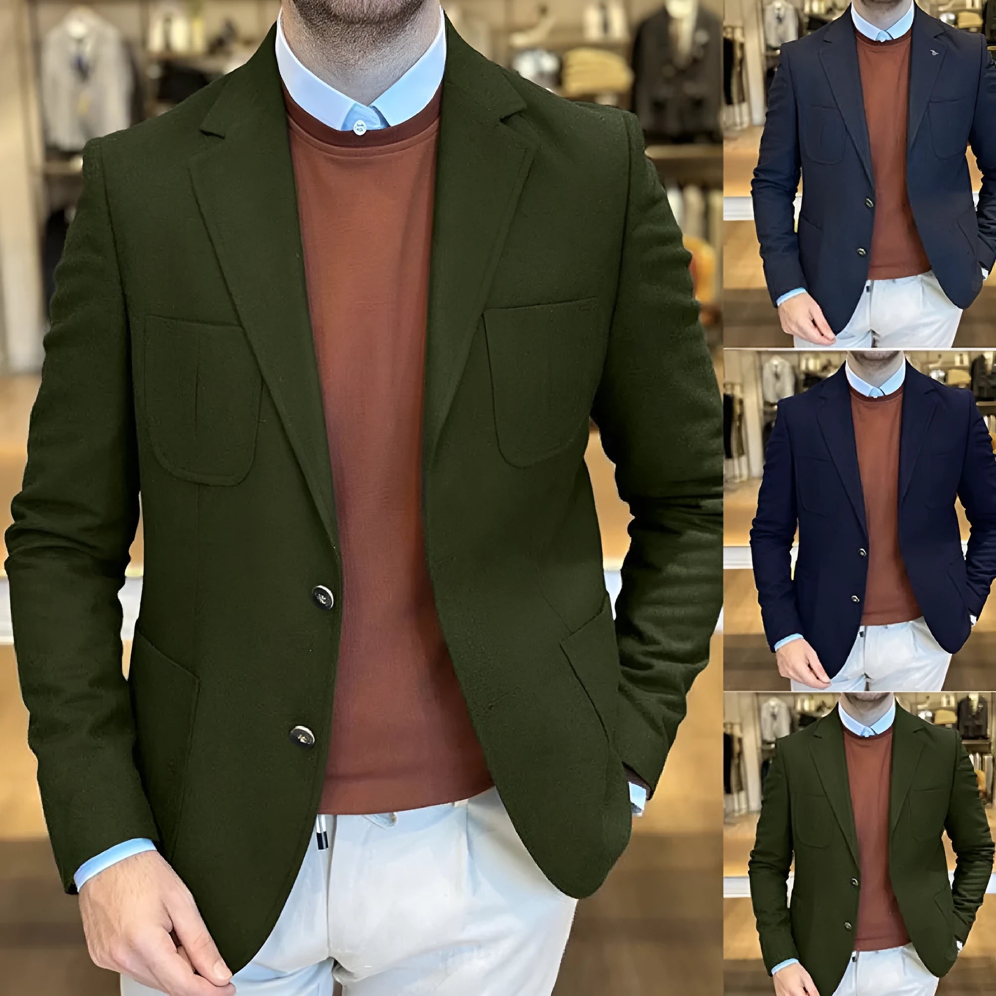 Man wearing a loose-fit army green cotton retro suit jacket, showing front and side details.