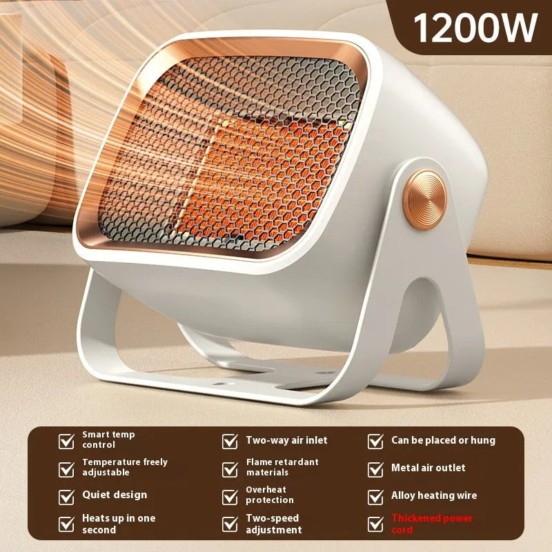 Compact white desktop ceramic heater with rotatable design and push-button controls.