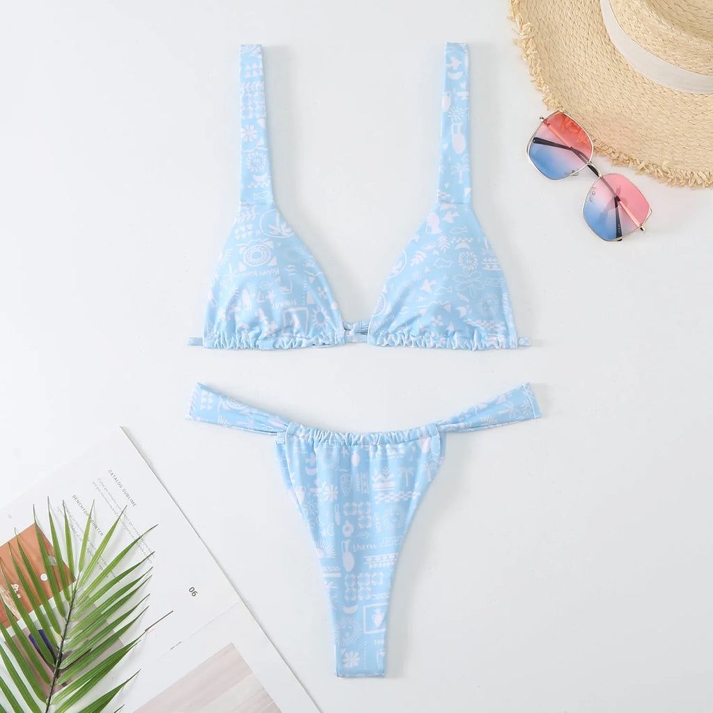Women's floral print bikini swimsuit in blue with separate bra and brief pieces