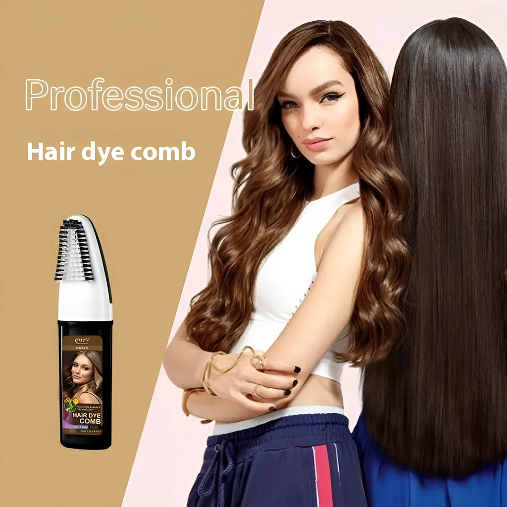 Hair dye colouring comb kit showing brown, wine red, and dark brown 200ML bottles with an application brush