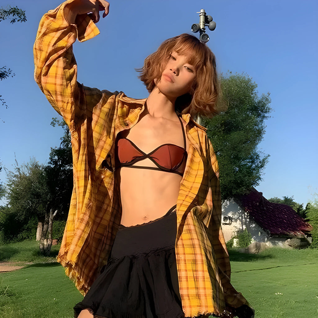 Dopamine yellow plaid shirt loose fit cardigan style chemical fibre blend casual wear