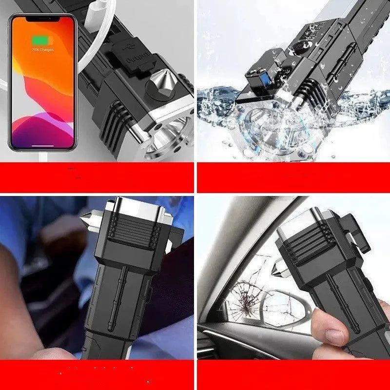 Silver portable LED flashlight with power bank function for outdoor and emergency use