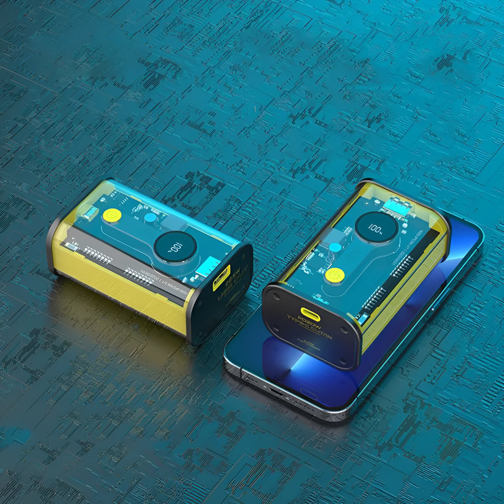 Transparent yellow industrial power bank showing internal components with 10000mAh capacity label