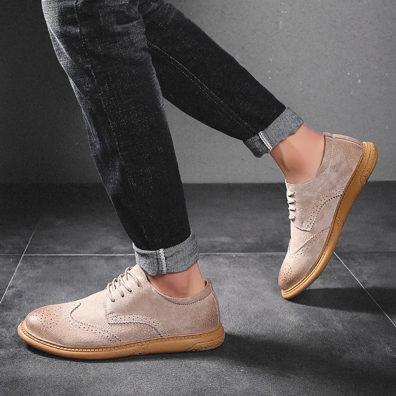 Men's low-top lace-up business shoes in genuine cowhide leather, shown in grey, sand, black, and green colour options.
