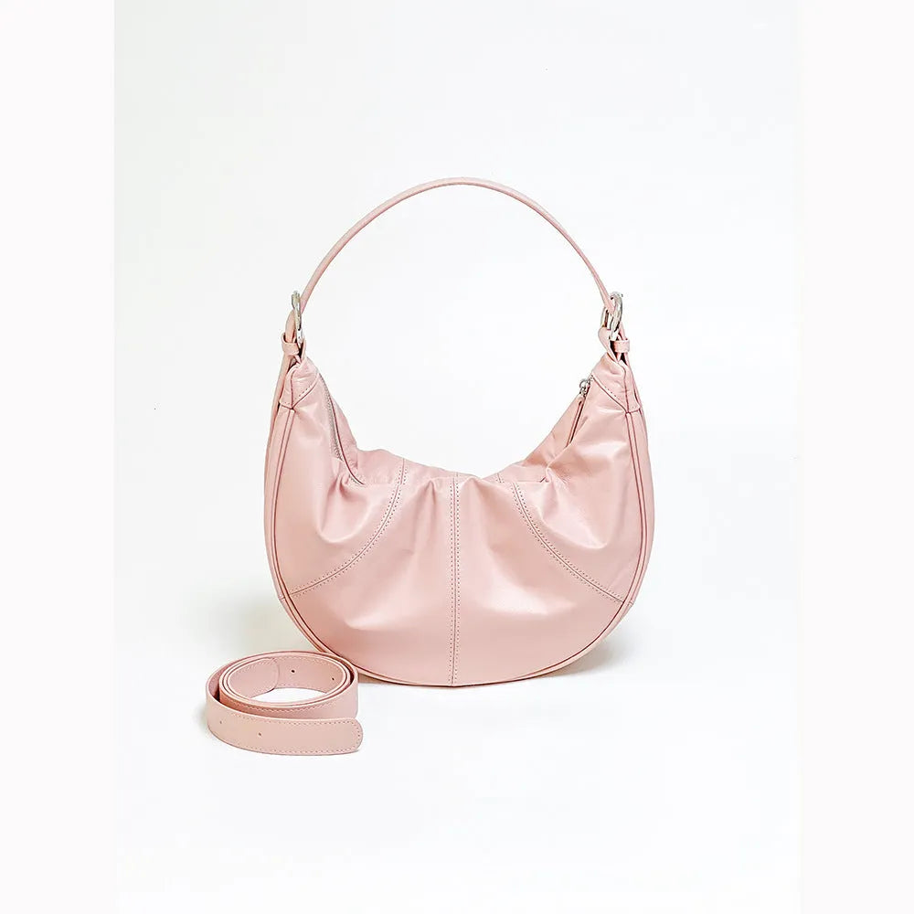 Women's dumpling-shaped shoulder bag in first-layer cowhide leather with double straps and sandwich pocket