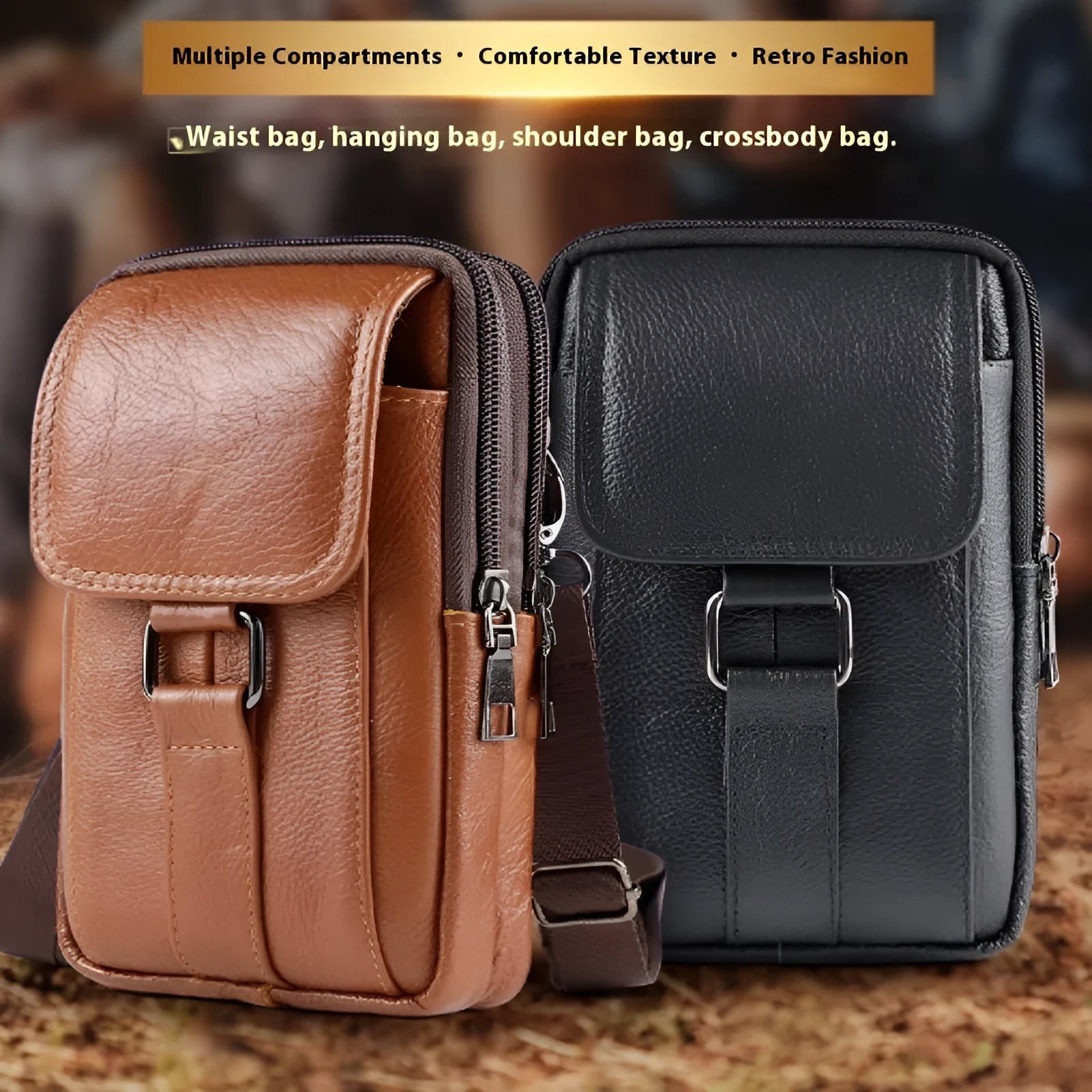 Men's genuine leather crossbody waist bag with coin pocket and lock detail in vertical square shape