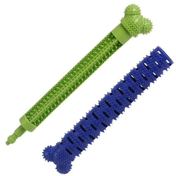 Blue and green silicone dog molar tooth cleaner toy with textured brush head and nodules.