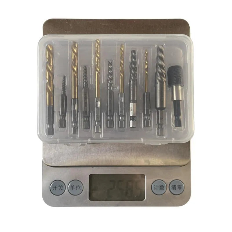 Silver household hexagonal handle screw extractor suit 12 pieces set on white background