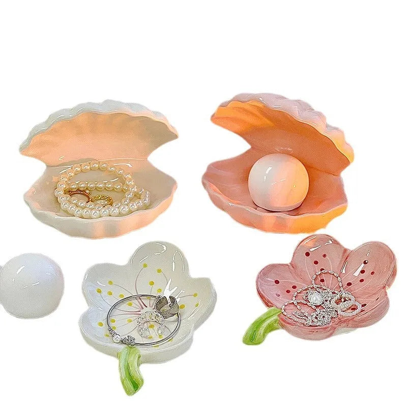 Yellow porcelain storage tray with white decorative shell and optional LED night light