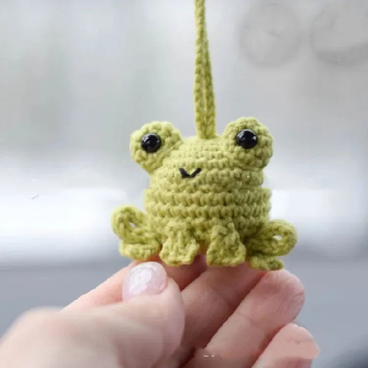 Handmade woven frog car pendant in plush material with green colour option
