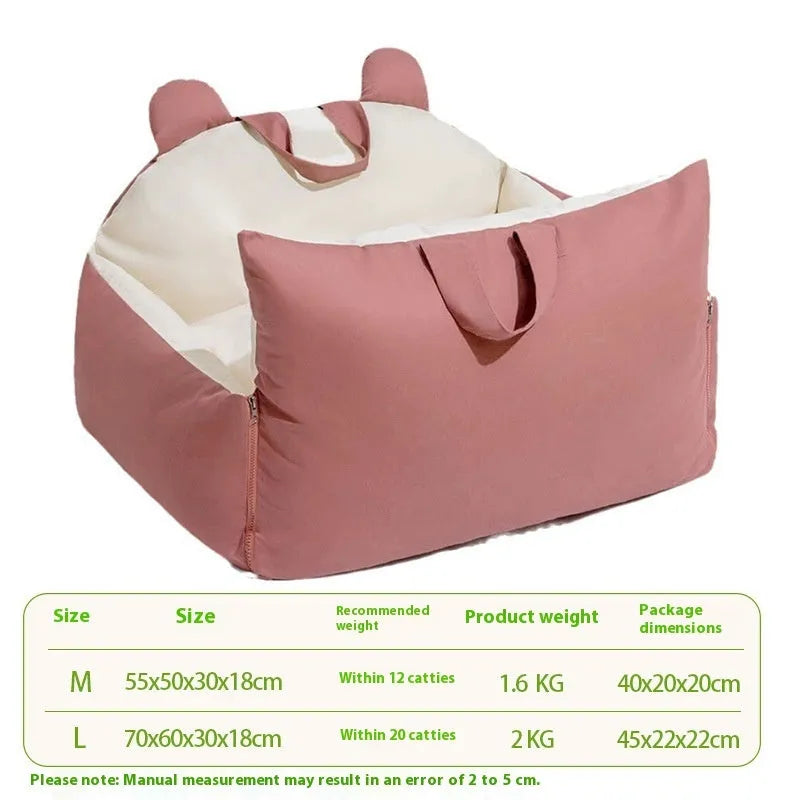 Removable washable dog car kennel in beige, shown in M and L sizes