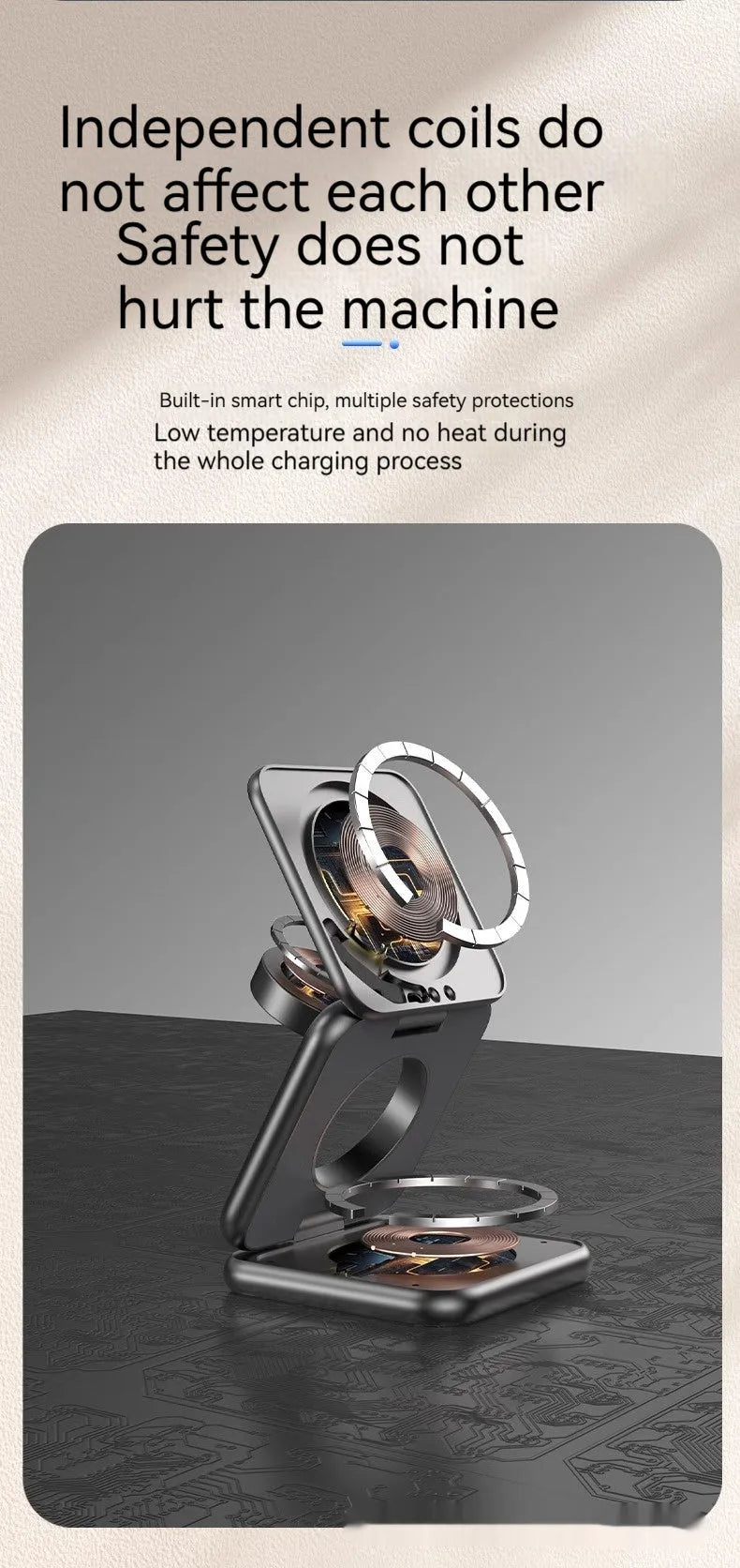 Foldable magnetic wireless phone charger stand in black showing adjustable angles