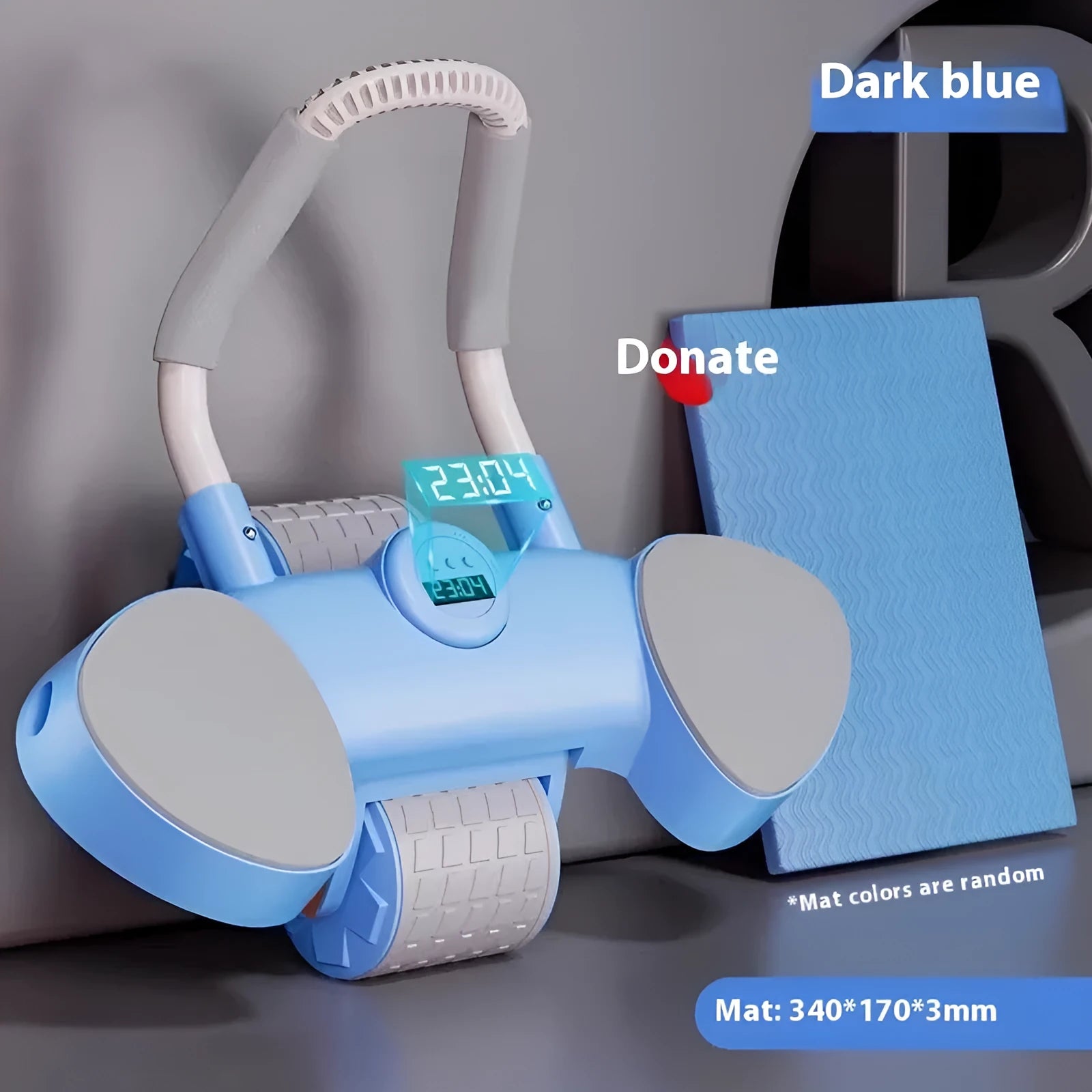 Blue 4-wheel abdominal wheel fitness equipment with elbow support pads and automatic rebound mechanism