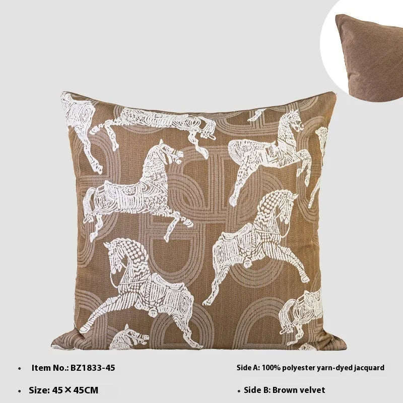 Chinese ancient style square pillow cushion in Maillard colours on a sofa.