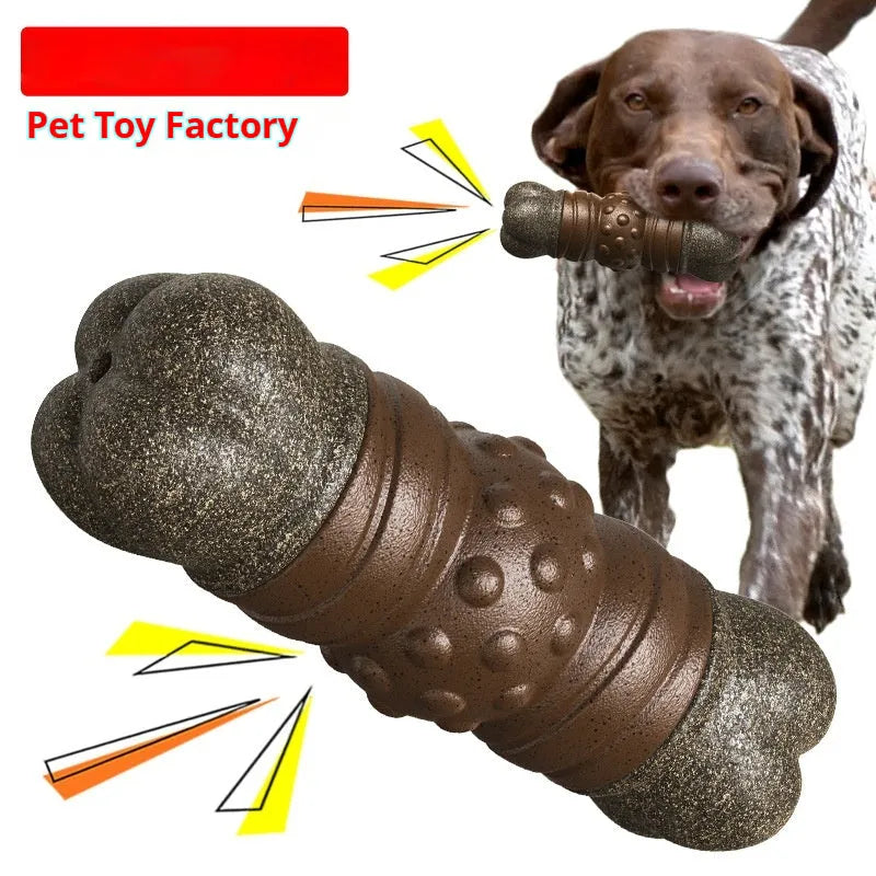 Wood colour plastic dog toothbrush chew toy with molar rod design and audible sound feature