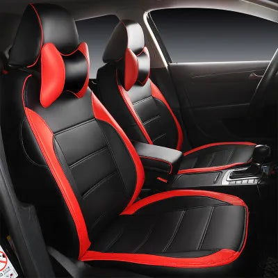 Cow leather car seat cover in beige and black with red line styles, showing binding detail