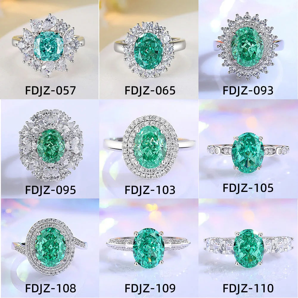 S925 sterling silver women's ring with ellipse emerald and inlaid high carbon diamond in geometric setting.