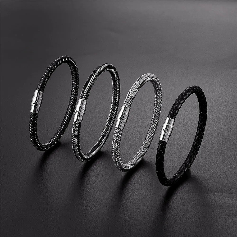 Men's geometric titanium steel bracelet with a magnetic clasp shown in silver tone.