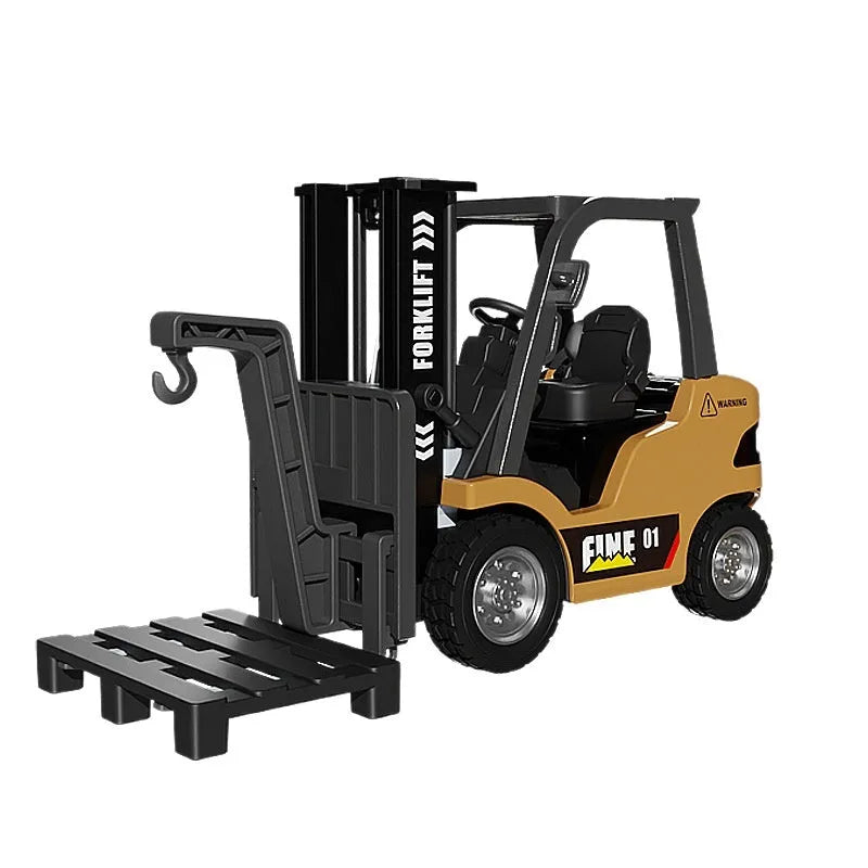 1:64 scale silver alloy Bluetooth remote-control forklift toy with mobile phone app on screen.