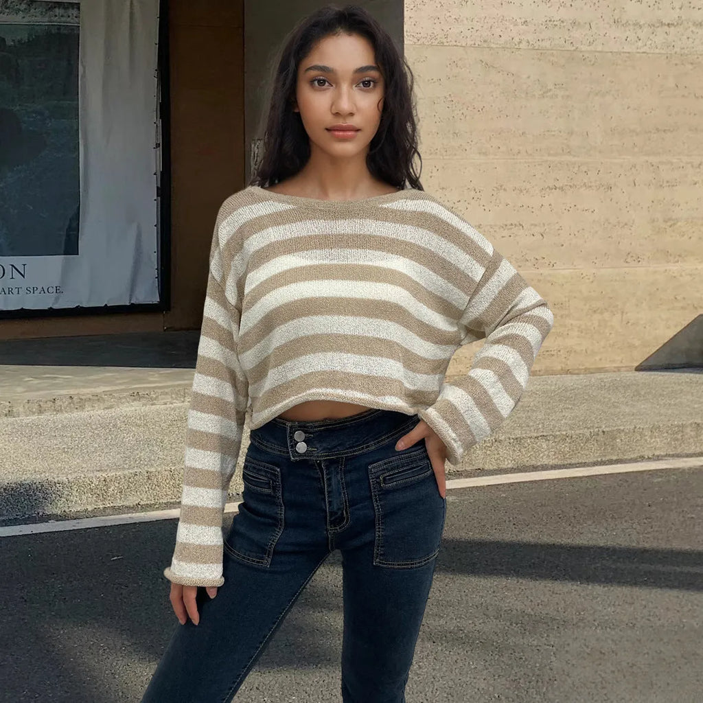 Striped long-sleeved pullover sweater in mercerised cotton, shown in blue with an exposed navel design.