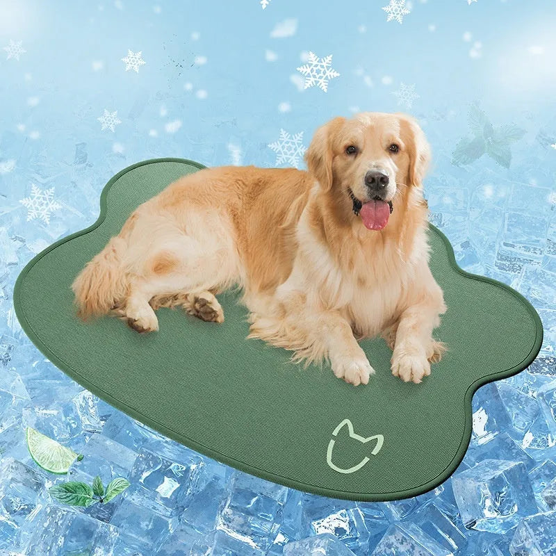 Ice silk dog cooling mat with simple dog head shape print, shown in a light grey colour on a wooden floor.